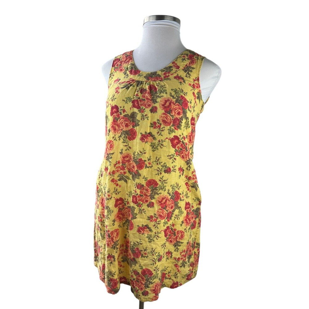 FLAX 100% Linen Shift Dress Floral Yellow Sleeveless Women's Size P Petite - Picture 7 of 12